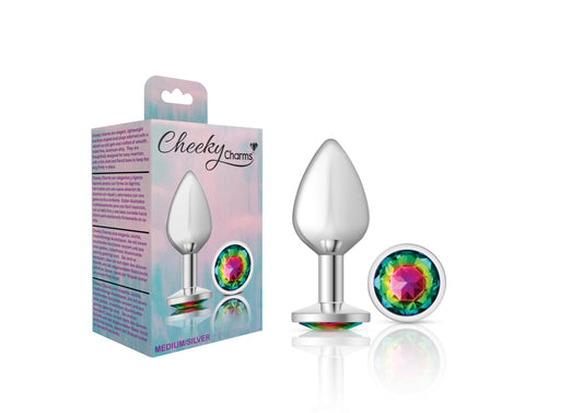 Cheeky Charms-Silver Metal Butt Plug- Round-Rainbow-Medium - Love It Wet