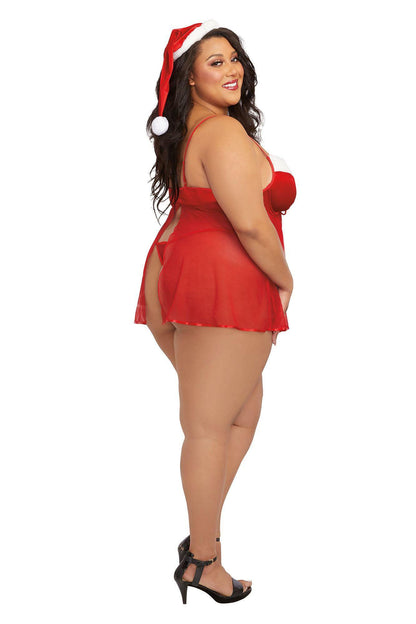 Santa Babydoll, Thong and Hat - 1x - Lipstick Red - Love It Wet