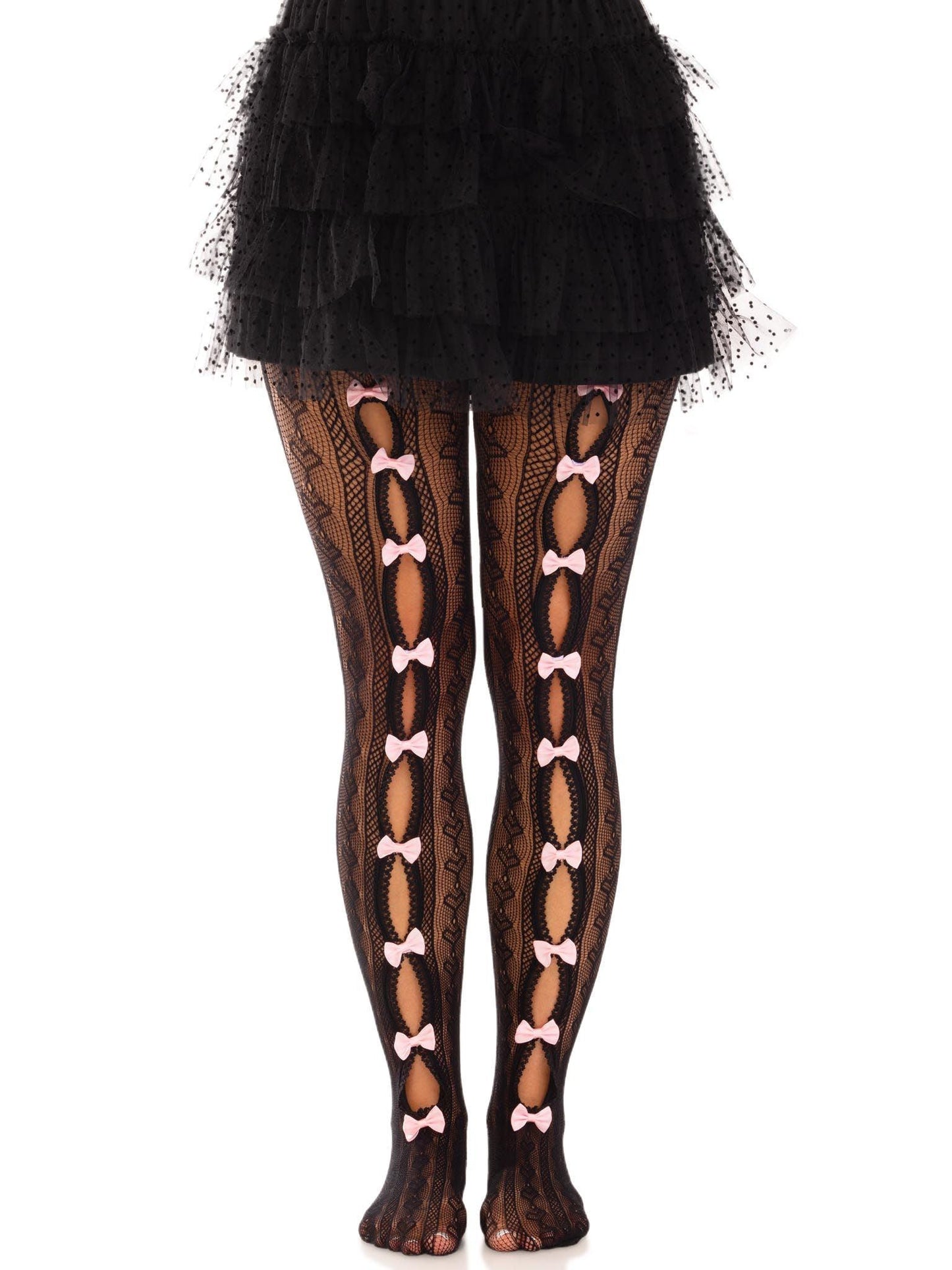 Sweetheart Striped Net Tights With Keyhole and Mini Bow Detail - One Size - Black - Love It Wet