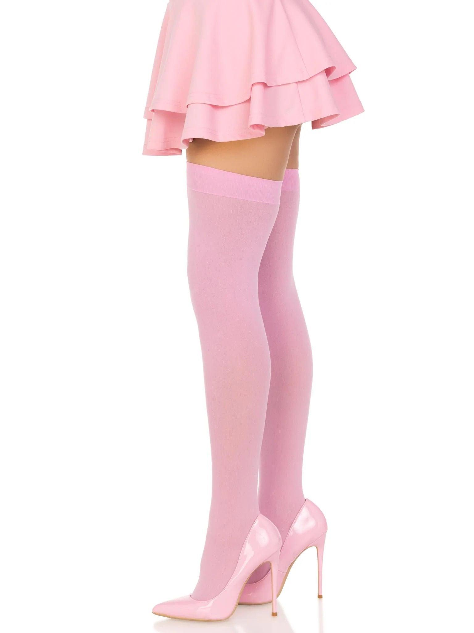 Opaque Nylon Thigh Highs - One Size - Pink - Love It Wet