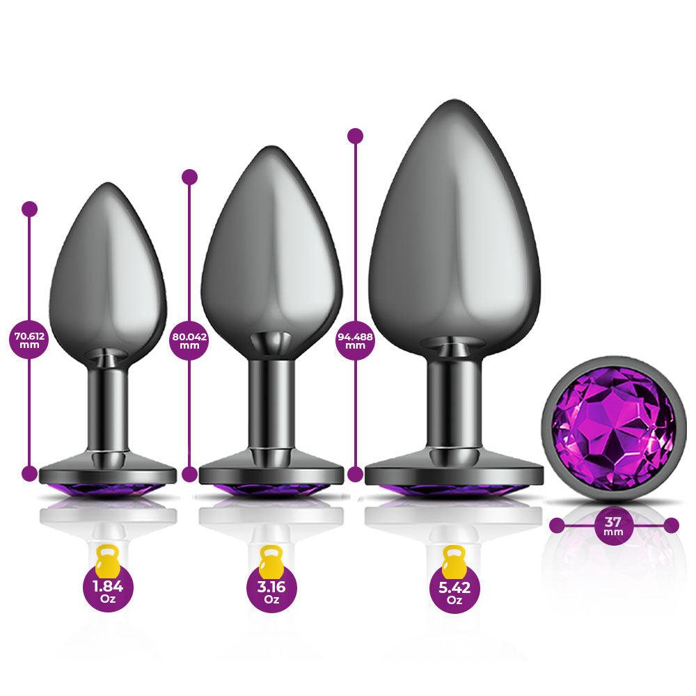 Cheeky Charms - Metal Butt Plug Gunmetal - Round - Deep Purple - Anal Trainer Kit - Love It Wet