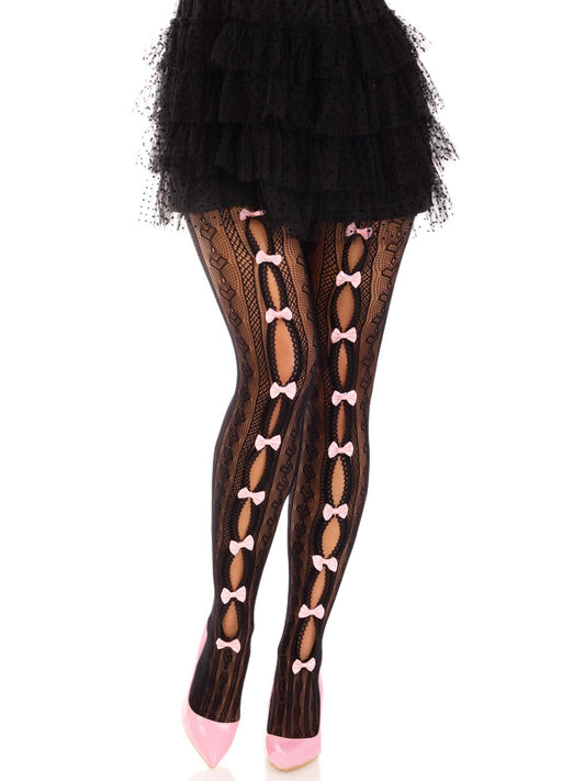 Sweetheart Striped Net Tights With Keyhole and Mini Bow Detail - One Size - Black - Love It Wet