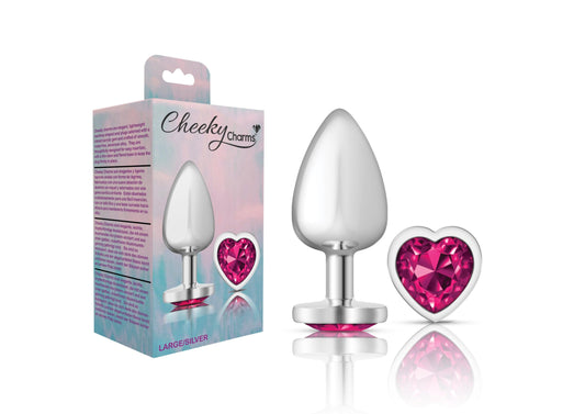 Cheeky Charms-Silver Metal Butt Plug- Heart-Bright Pink-Large - Love It Wet