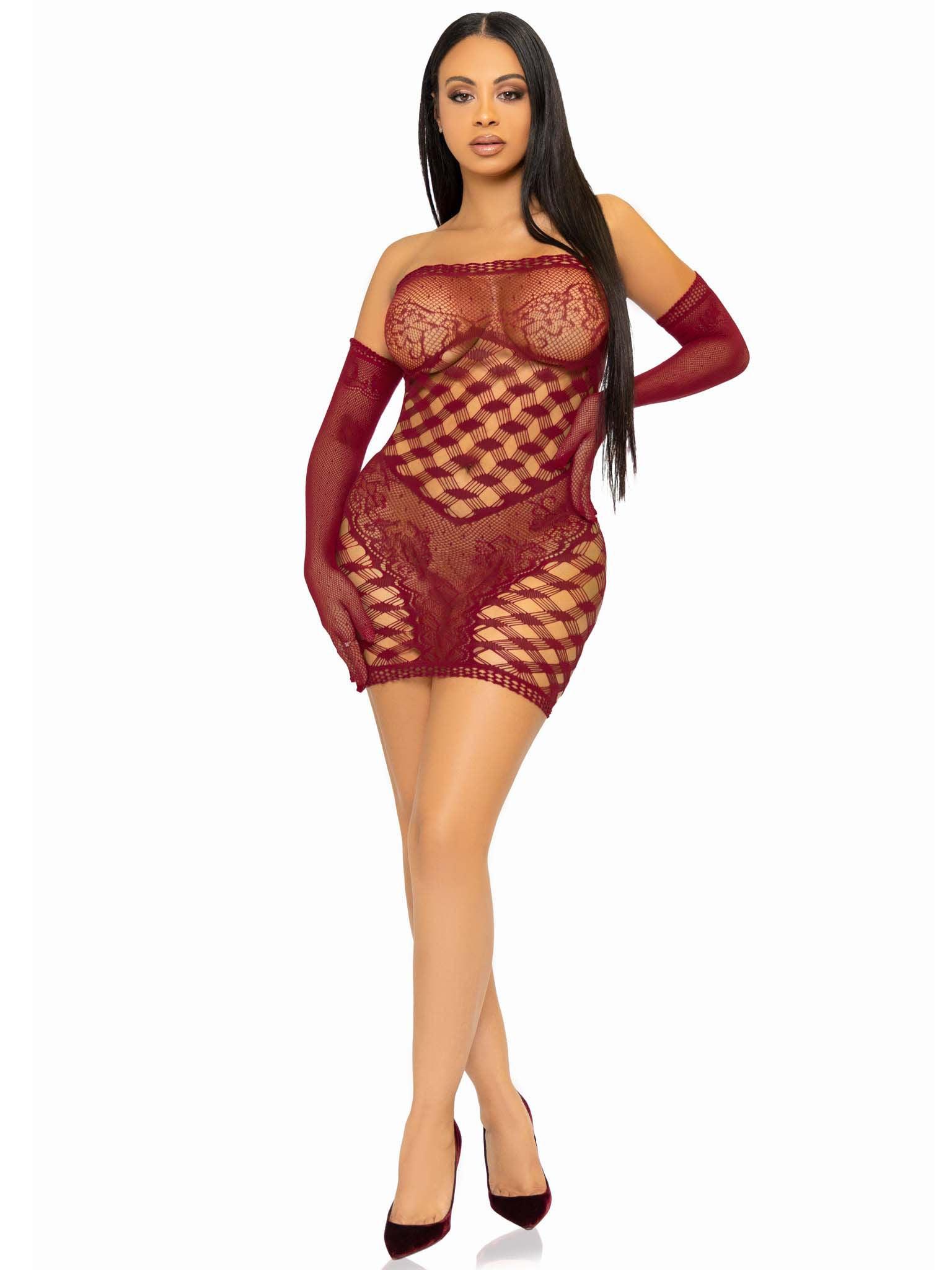 2 Pc Hardcore Net Tube Dress With Gloves - One Size - Burgundy - Love It Wet