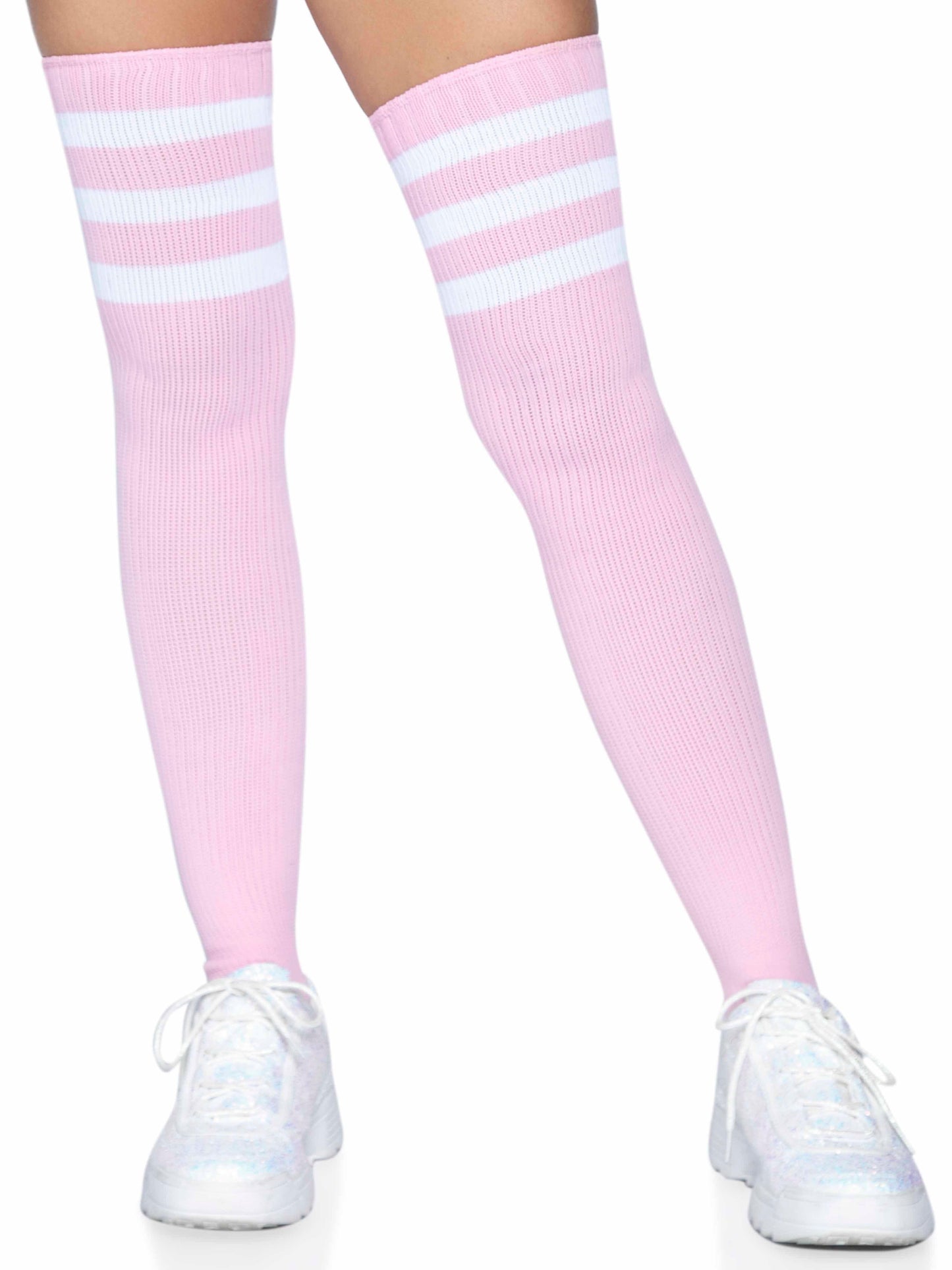 3 Stripes Athletic Ribbed Thigh Highs - One Size - Light Pink - Love It Wet