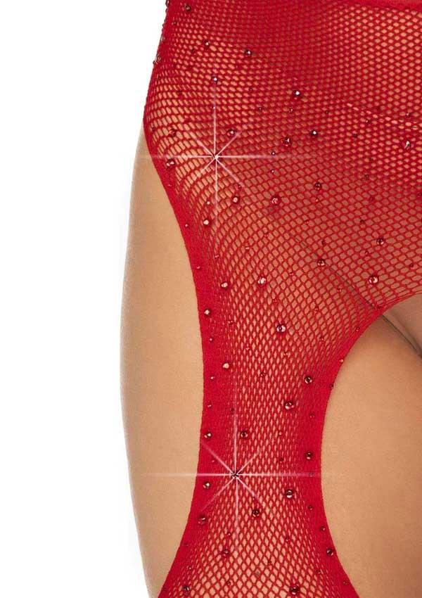 Casey Rhinestone Fishnet Suspender Pantyhose - One Size - Black - Love It Wet