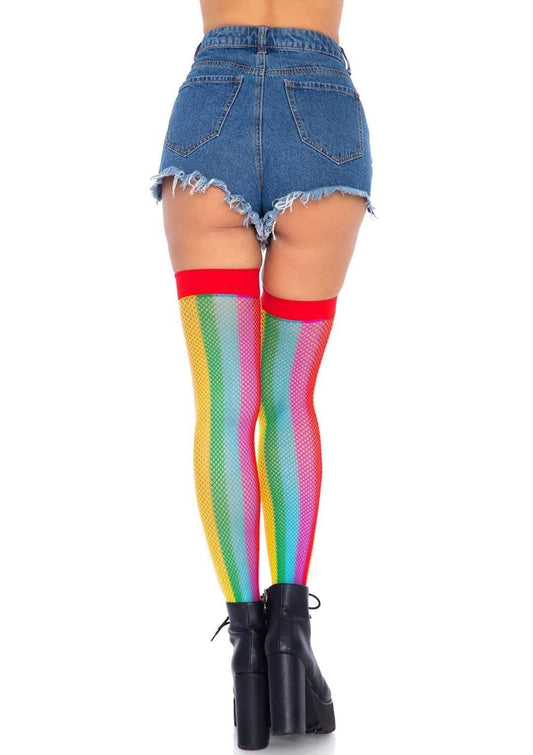 Rainbow Fishnet Thigh Highs - One Size - Multicolor - Love It Wet