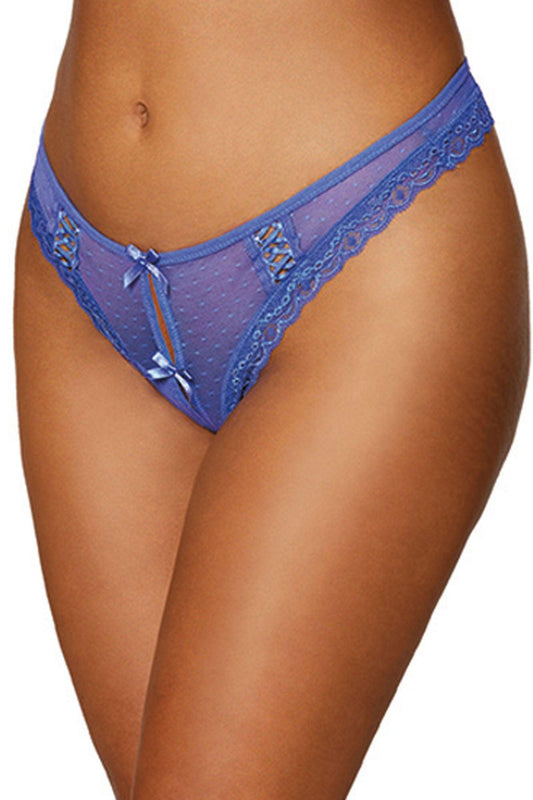 Dot Mesh Open Crotch Thong - Medium - Periwinkle - Love It Wet