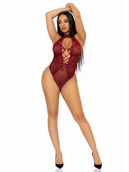 Net and Lace Keyhole Halter Bodysuit - One Size - Burgundy - Love It Wet