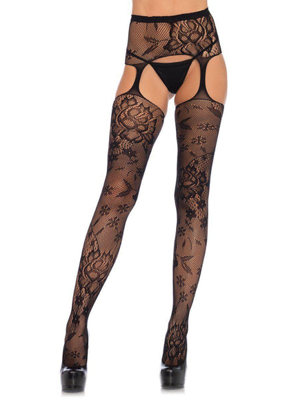 Floral Lace Stockings With Attached Waist Garterbelt - Black - One Size - Love It Wet