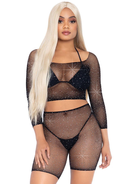 2 Pc Rhinestone Fishnet Crop Top and Biker Shorts - Black - One Size - Love It Wet