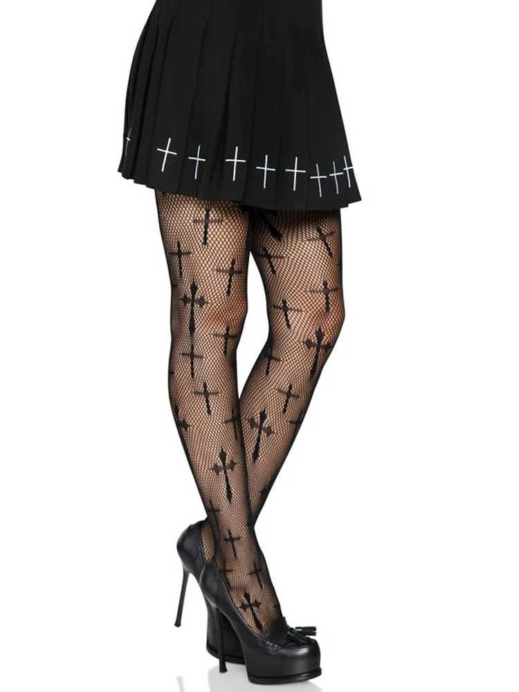 Worship Me Cross Net Tights - 1x/2x - Black - Love It Wet