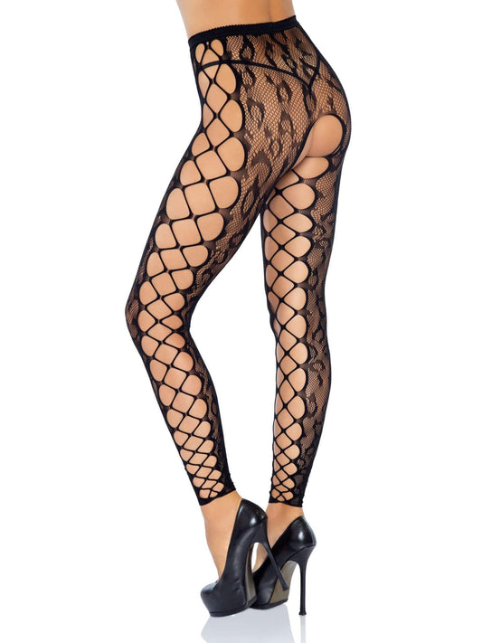 Footless Leopard Lace Crotchless Tights - Black - Love It Wet