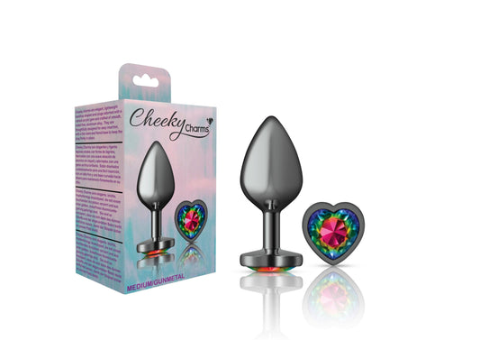 Cheeky Charms-Gunmetal Metal Buttplug- Heart-Rainbow-Medium - Love It Wet