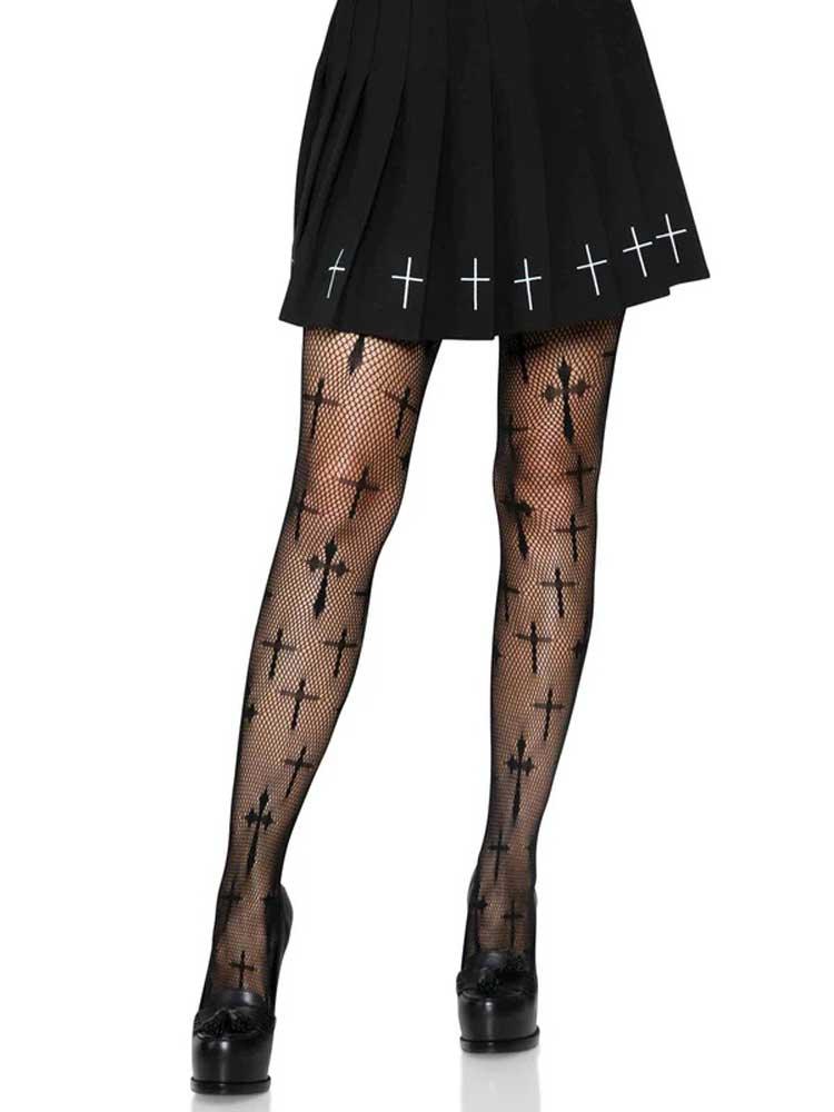 Worship Me Cross Net Tights - 1x/2x - Black - Love It Wet