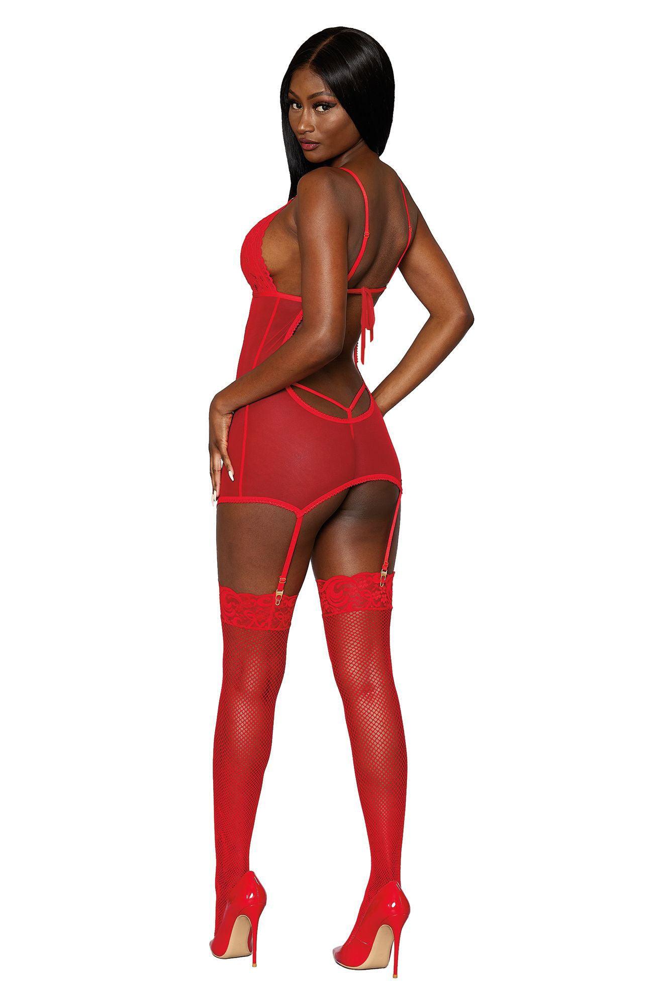 Garter Slip and G-String - One Size - Lipstick Red - Love It Wet