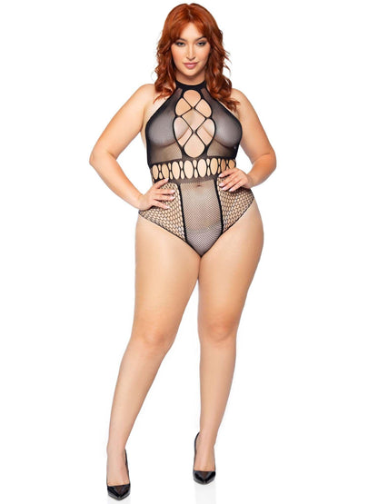 Multi Net Halter Bodysuit - 1x/2x - Black - Love It Wet