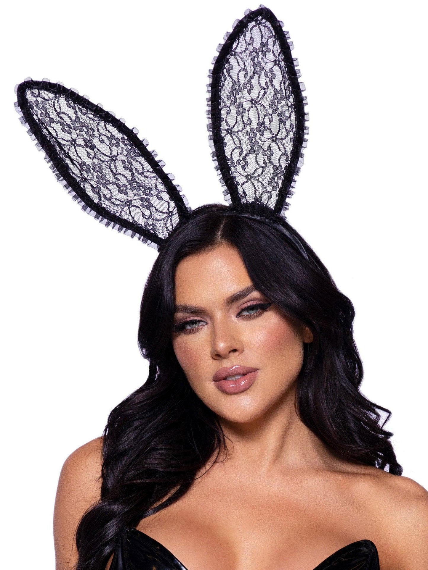 Ruffle Trimmed Bendable Lace Bunny Ears - Black - Love It Wet