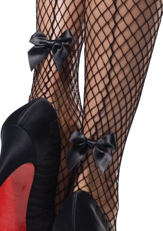 Stay Up Industrial Net Backseam Thigh Highs With Lace Top and Satin Bow Accent - One Size - Black - Love It Wet