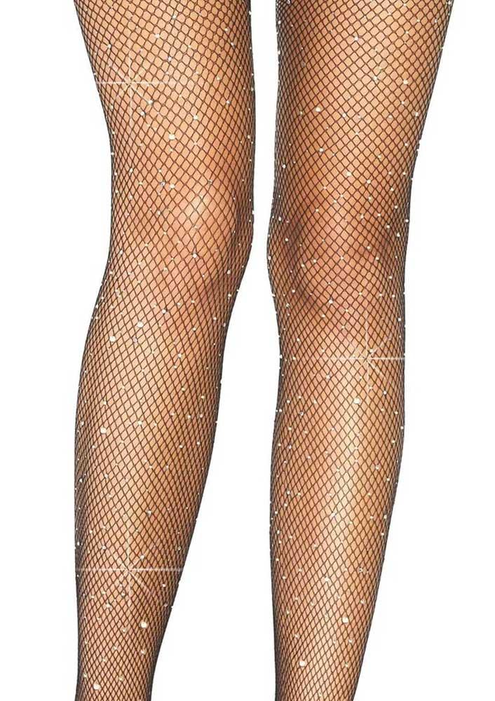 Casey Rhinestone Fishnet Suspender Pantyhose - One Size - Black - Love It Wet