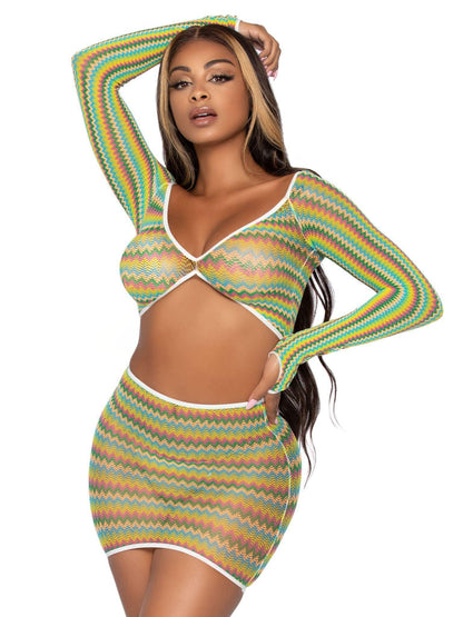 2 Pc Zig Zag Net Crop Top and Mini Dress - One Size - Green - Love It Wet