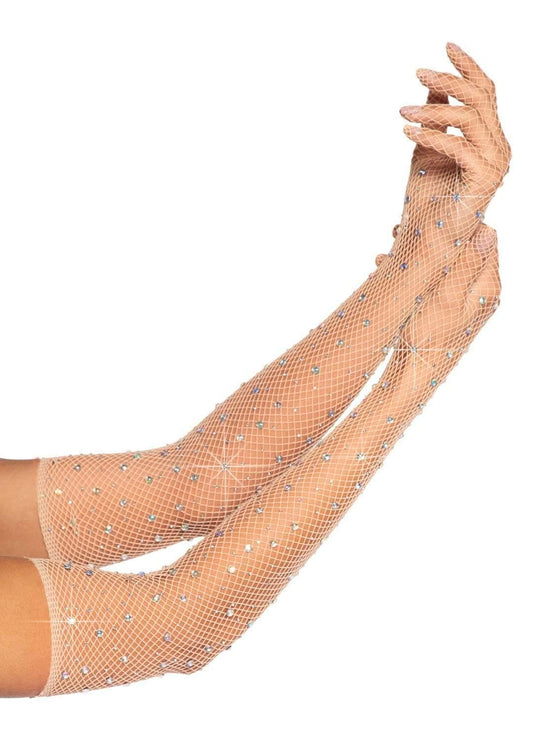 Rhinestone Fishnet Long Gloves Nude - Love It Wet