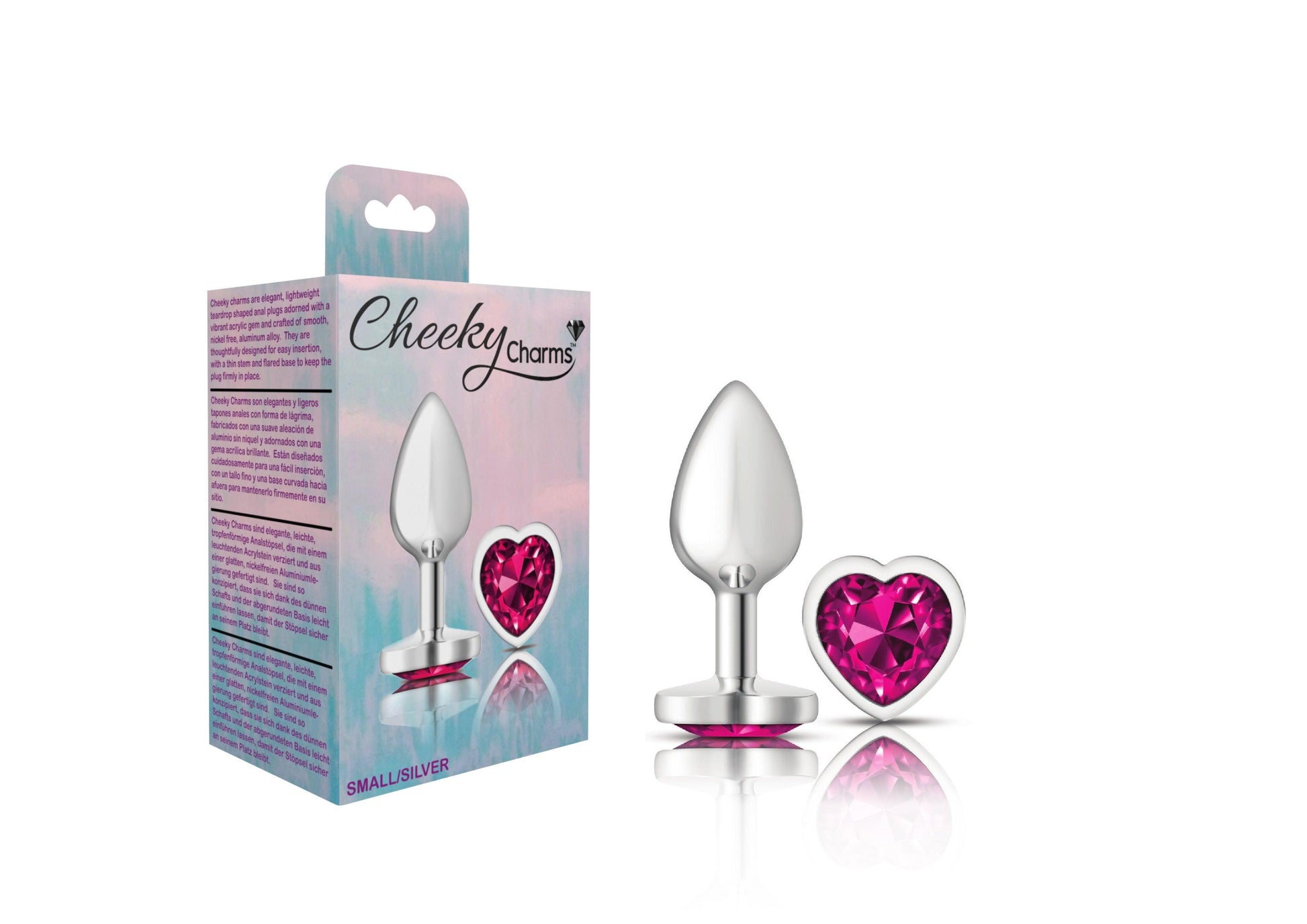 Cheeky Charms-Silver Metal Butt Plug- Heart-Bright Pink-Small - Love It Wet