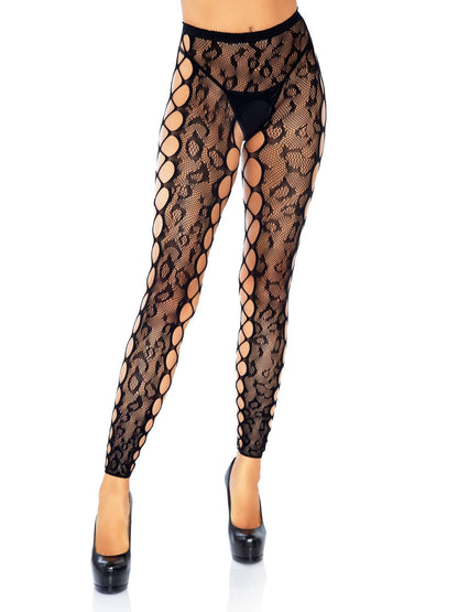 Footless Leopard Lace Crotchless Tights - Black - Love It Wet