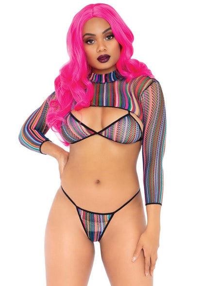 3 Pc Fishnet Bikini G-String and Crop Top - One Size - Multicolor - Love It Wet