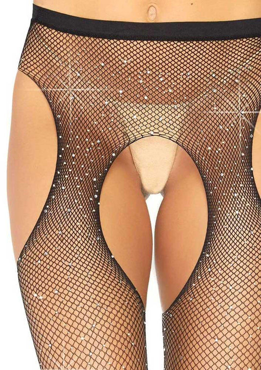 Casey Rhinestone Fishnet Suspender Pantyhose - One Size - Black - Love It Wet