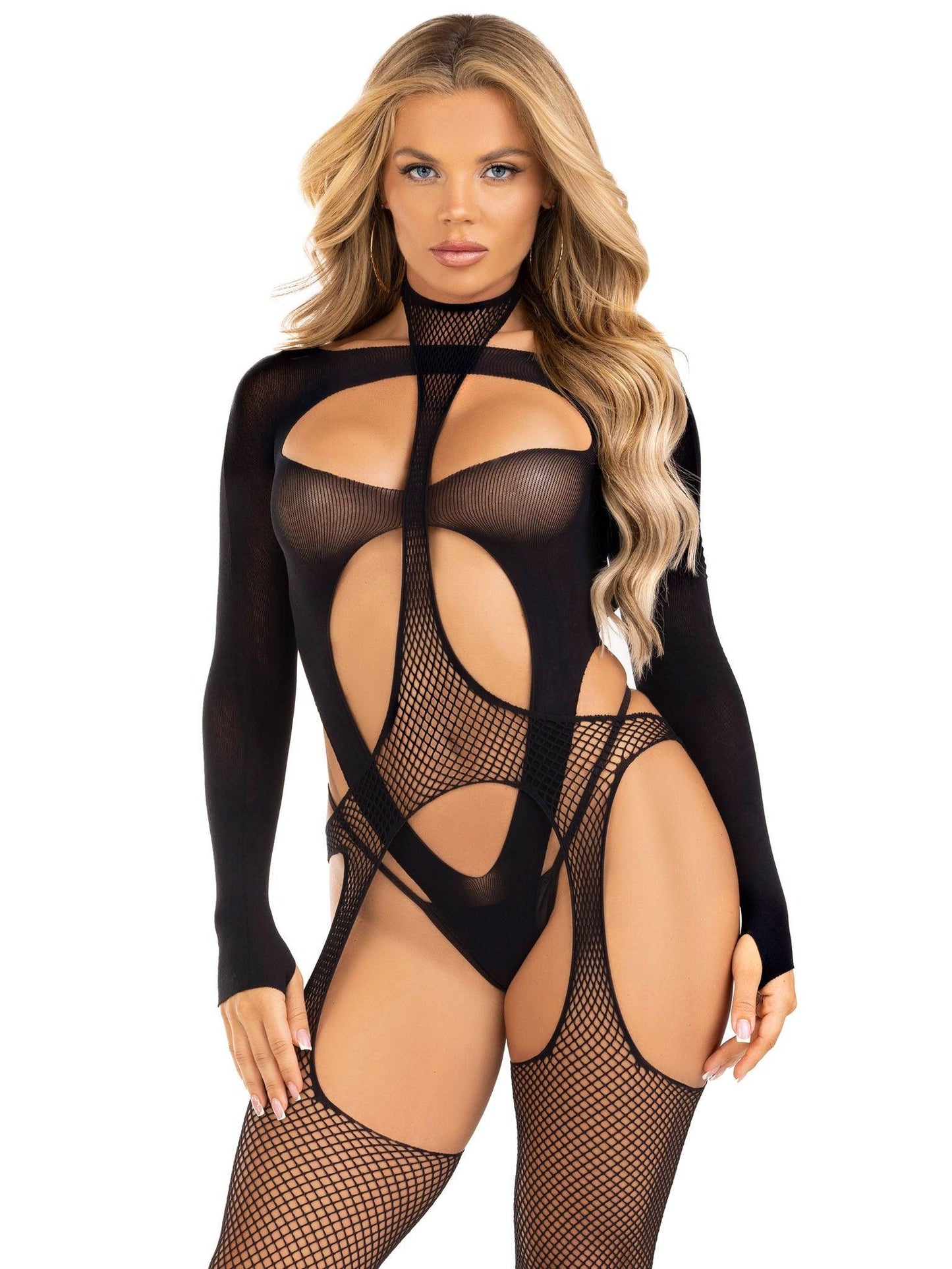 2 Pc Fishnet Halter Suspender Bodystocking and Layered Teddy - One Size - Black - Love It Wet