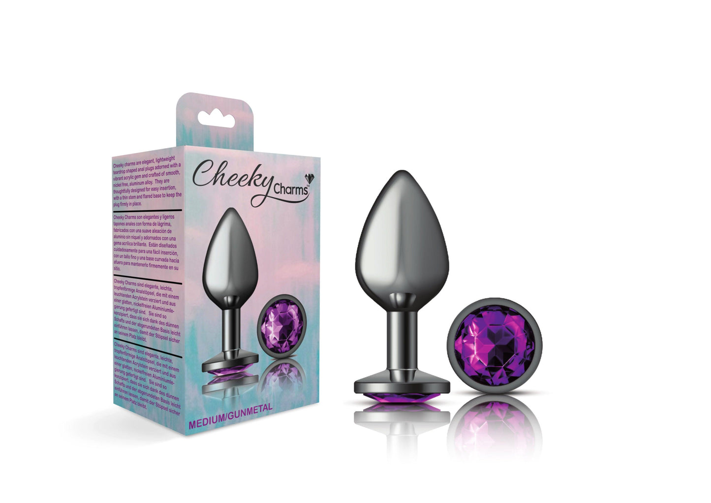 Cheeky Charms-Gunmetal Metal Butt Plug- Round-Deep Purple-Medium - Love It Wet