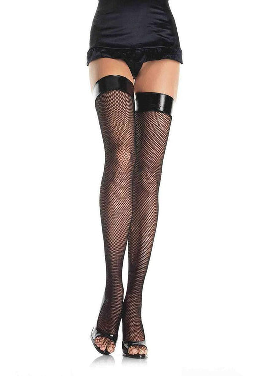 Vinyl Top Fishnet Thigh Highs - One Size - Black - Love It Wet