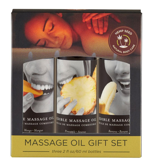 Edible Massage Oil Gift Set Box - 2 Fl. Oz. Bottles - Banana, Mango, Pineapple - Love It Wet