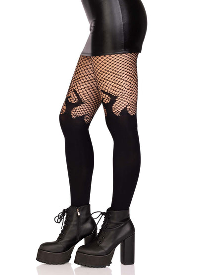 Opaque Flame Tights With Fishnet Top - One Size - Black - Love It Wet