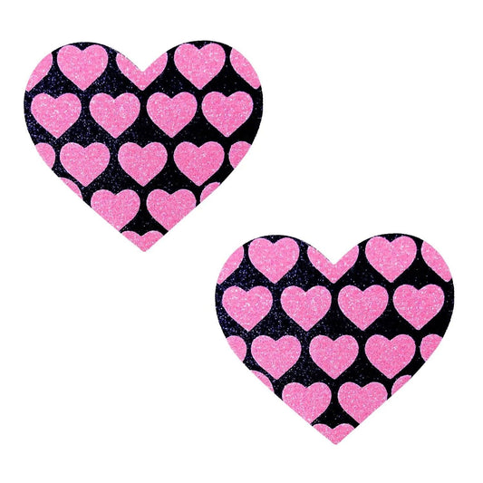 Pink Heart Neon Valentines Black Glitter Heart Nipple Cover Pasties - Love It Wet