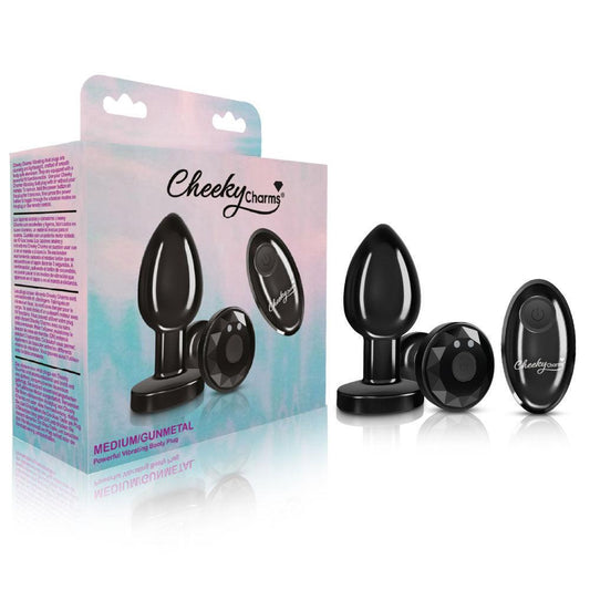 Cheeky Charms - Rechargeable Vibrating Metal Butt Plug With Remote Control - Gunmetal - Medium - Love It Wet