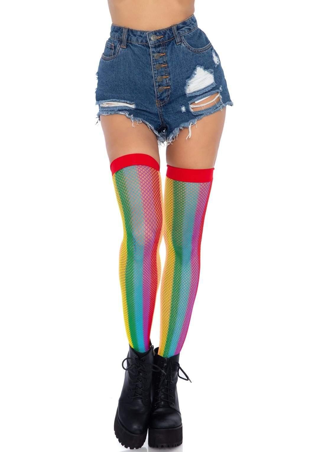 Rainbow Fishnet Thigh Highs - One Size - Multicolor - Love It Wet