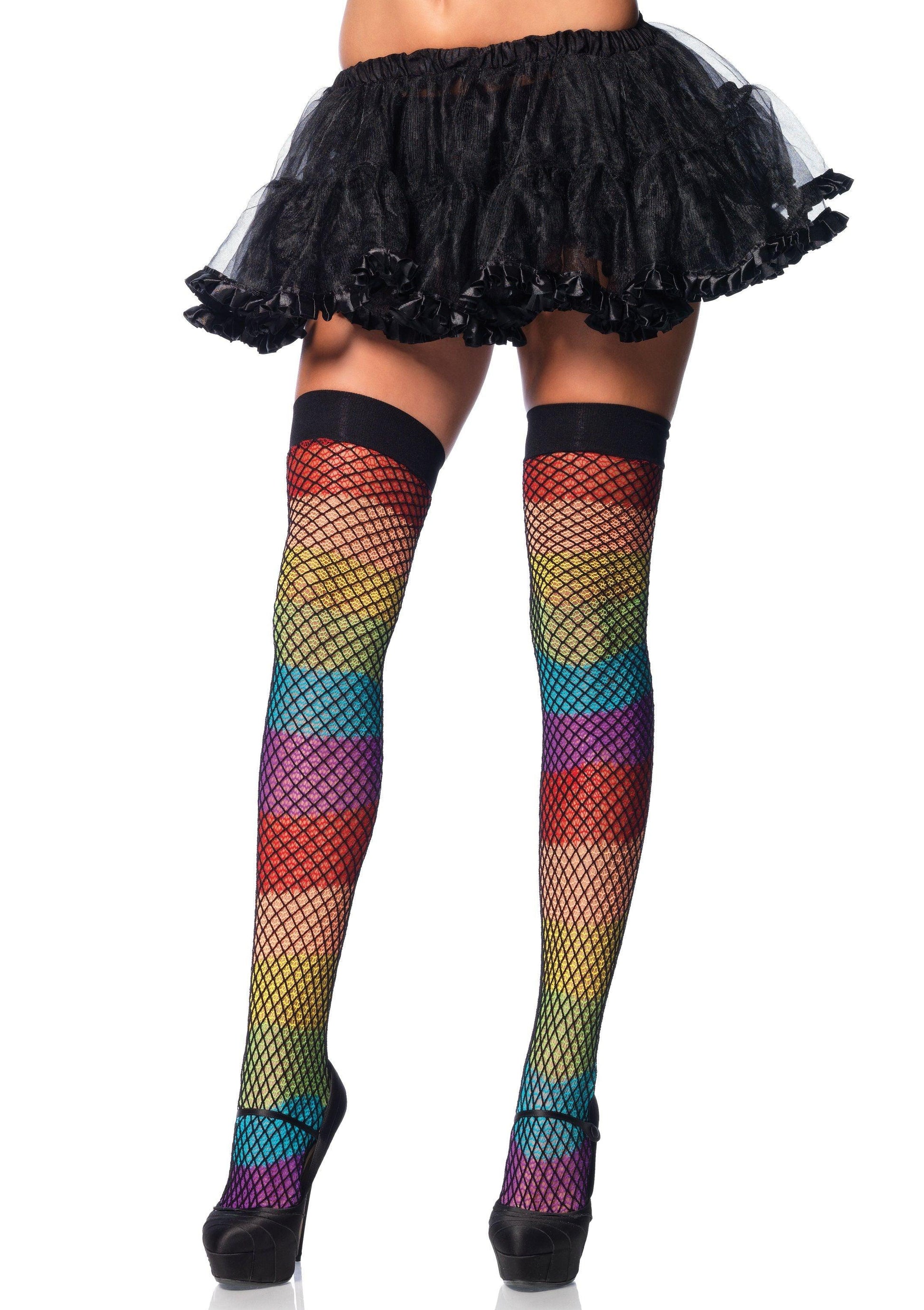 Rainbow Thigh Highs With Fishnet Overlay - One Size - Love It Wet