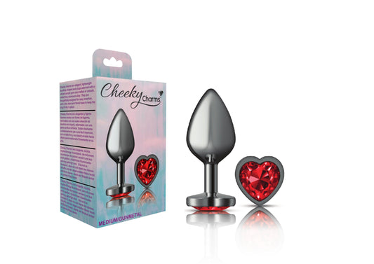 Cheeky Charms-Gunmetal Metal Butt Plug- Heart-Dark Red-Medium - Love It Wet