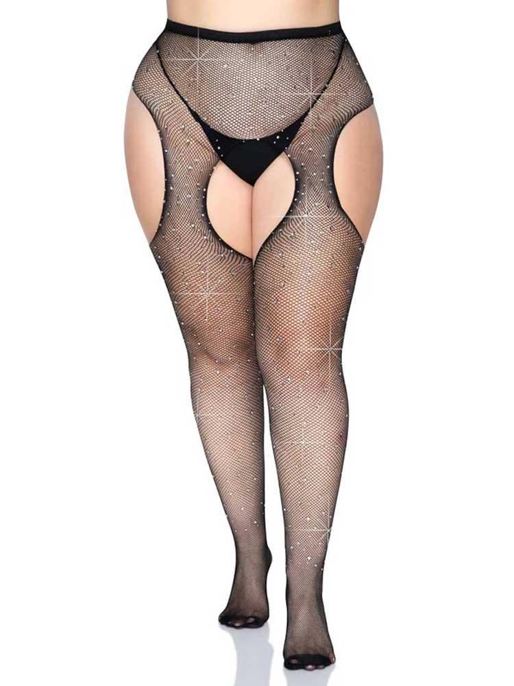 Casey Rhinestone Fishnet Suspender Pantyhose - Queen - Black - Love It Wet