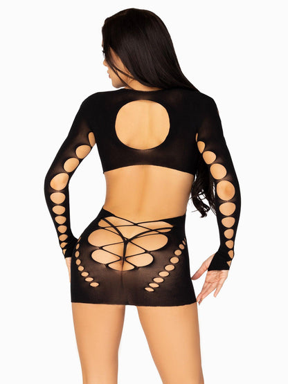 Seamless Cut Out Long Sleeve Mini Dress With Faux Lace Up Detail - One Size - Black - Love It Wet