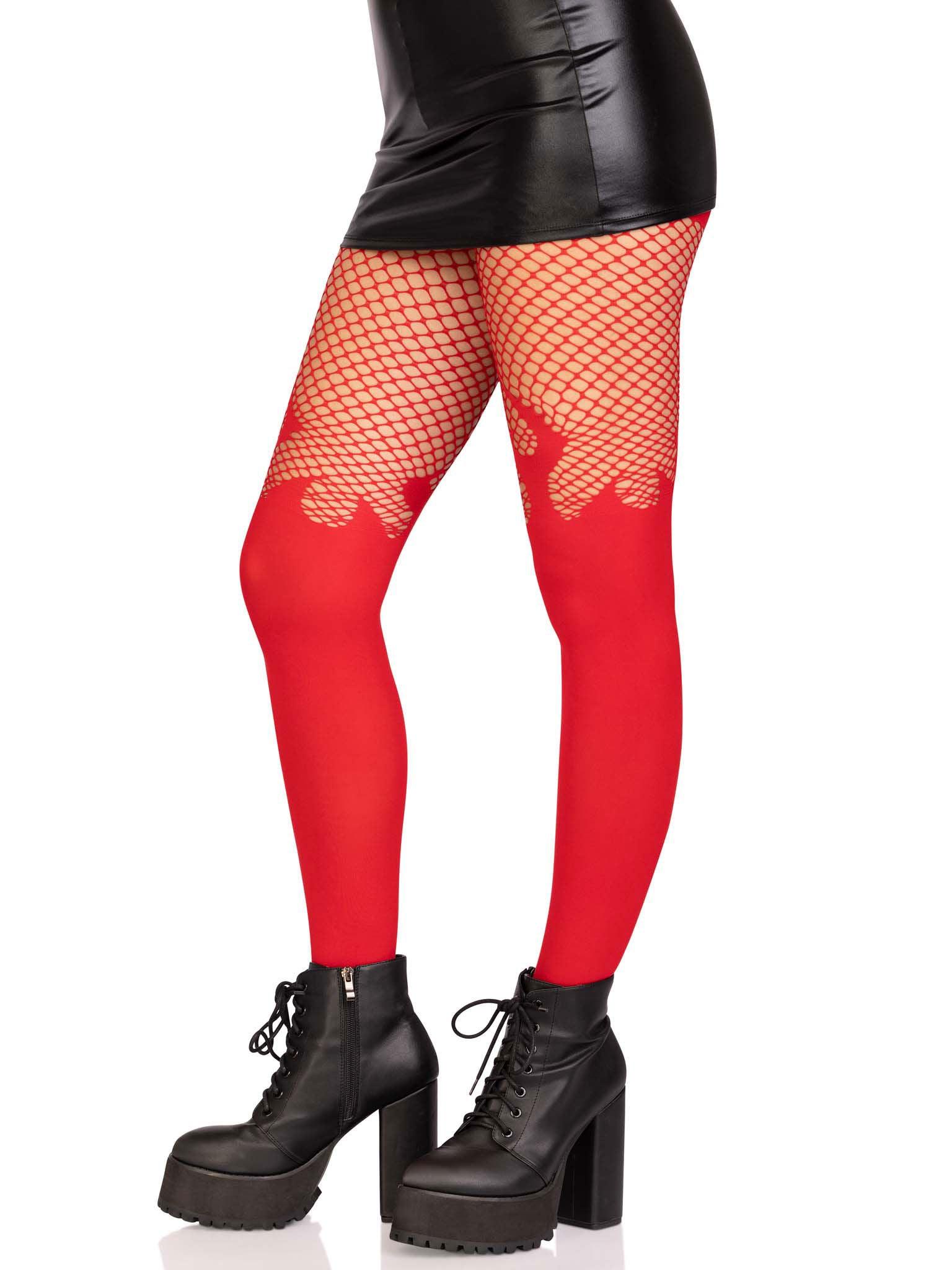 Opaque Flame Tights With Fishnet Top - One Size - Black - Love It Wet