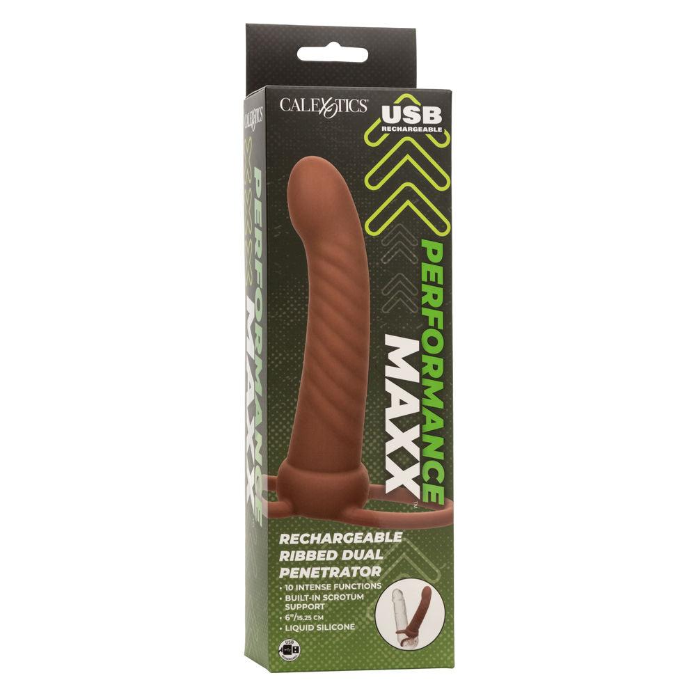 Performance Maxx Rechargeable Ribbed Dual Penetrator - Brown - Love It Wet