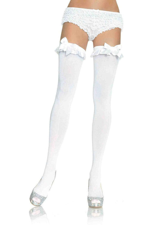 Opaque Thigh Highs With Satin Ruffle Trim and Bow - One Size - White - Love It Wet