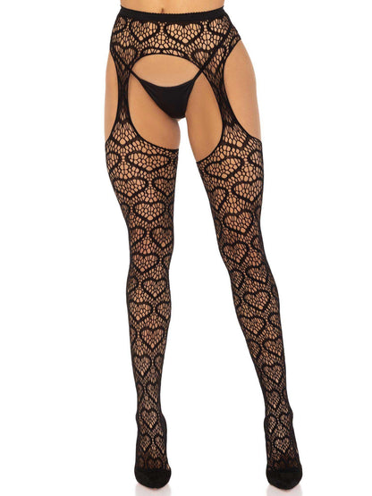 Heart Net Suspender Pantyhose - One Size - Black - Love It Wet