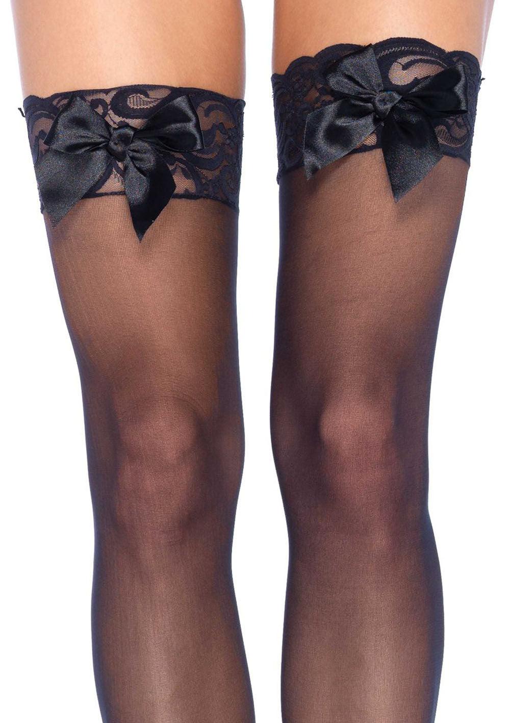 Sheer Lace Top Thigh Highs With Satin Bow Accent - One Size - Black - Love It Wet