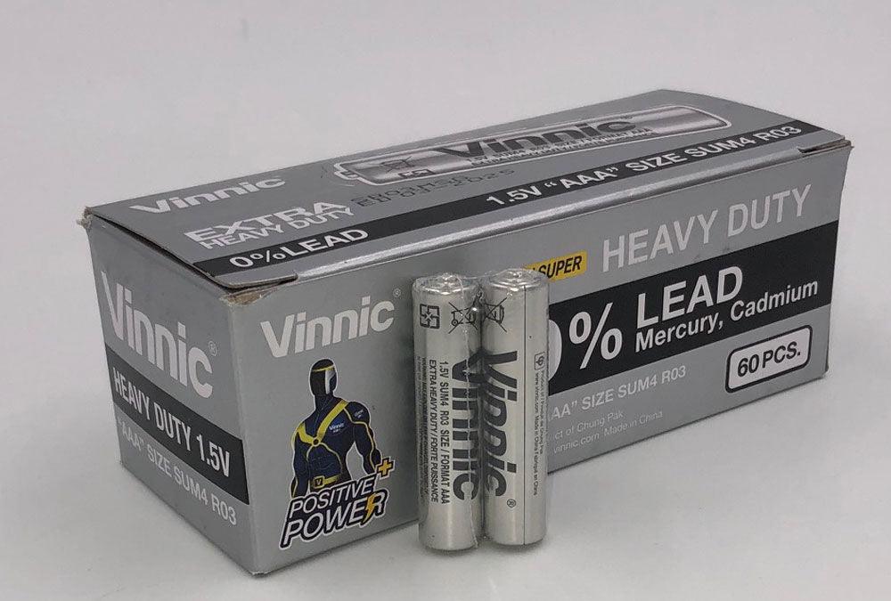 Vinnic Extra Heavy Duty AAA Batteries - 2 Pc./ Shrink Pk. - 60 Pcs. Box - Love It Wet