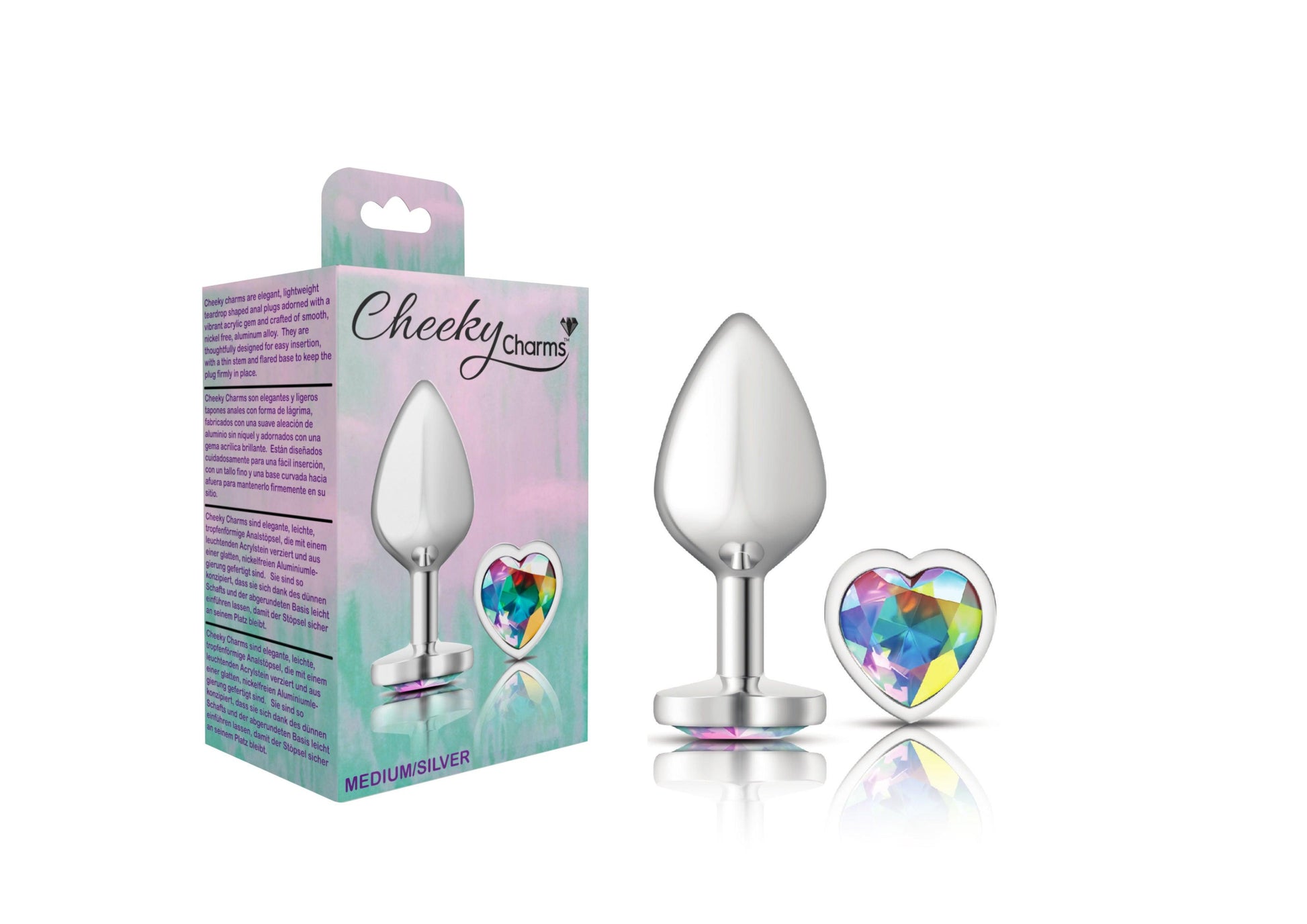 Cheeky Charms-Silver Metal Butt Plug- Heart-Clear-Medium - Love It Wet