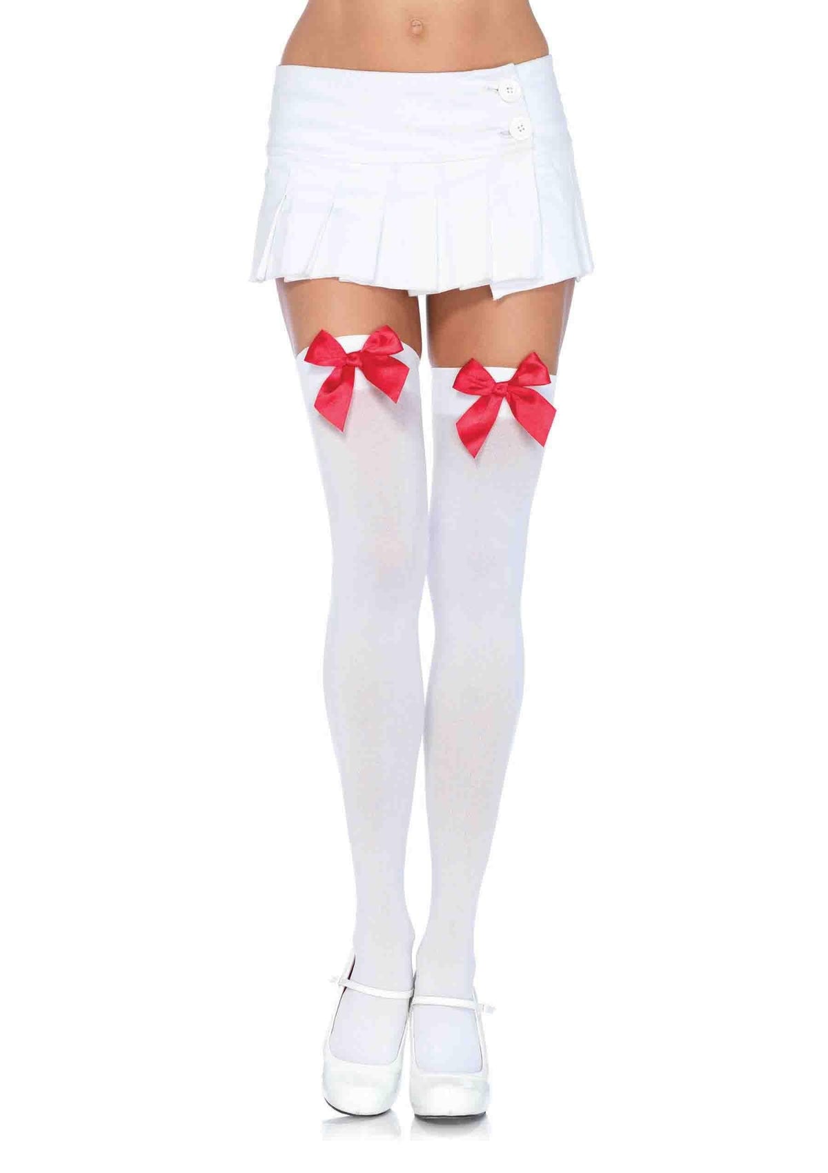 Nylon Over the Knee Socks - White With Red Bow - Love It Wet